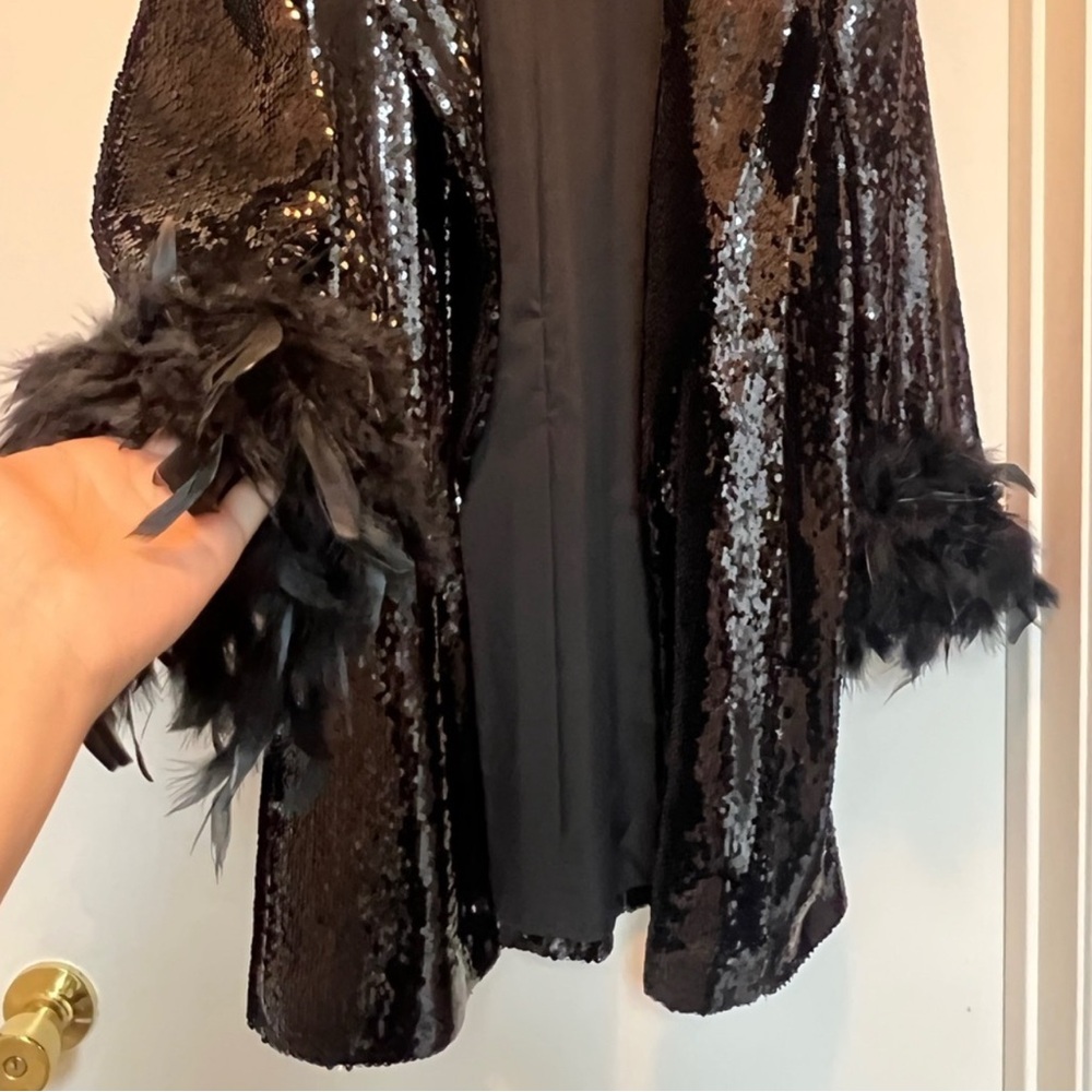 River Island Shimmering Black Sequin Blazer with Feather Cuffs - Picture 5 of 7